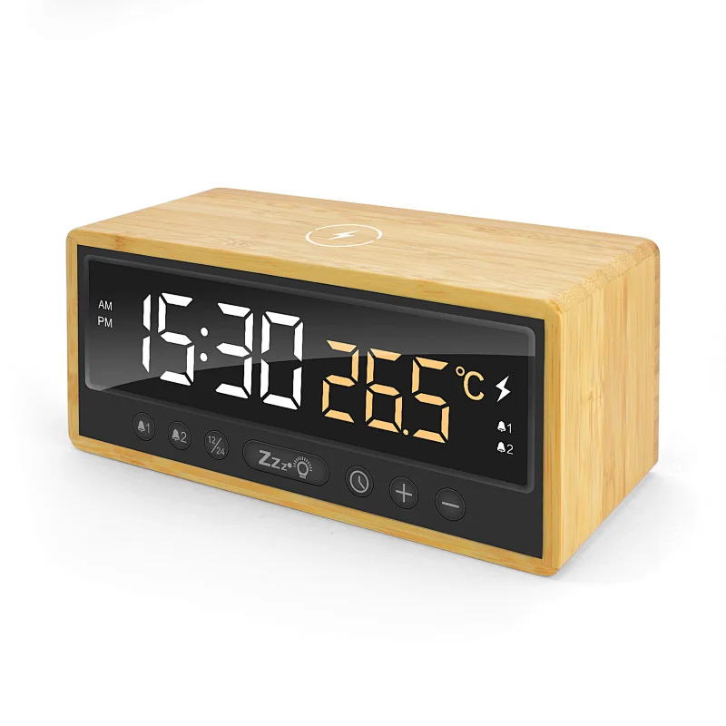 Eco-friendly Wireless Charging Desk Clock with Temperature/ Calendar Display and USB-A/C Output