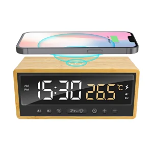 Eco-friendly Wireless Charging Desk Clock with Temperature/ Calendar Display and USB-A/C Output