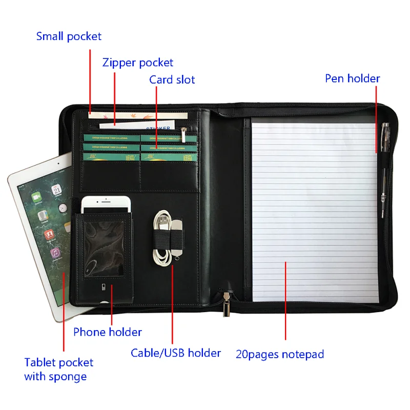 Guangzhou bag customized business travel A4 document holder PU leather portfolio
