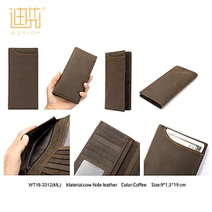 Vintage coffee color cowhide leather slim bifold money card long wallet