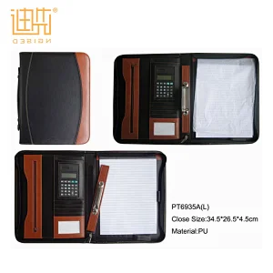 Customize different designs a4 leather zipper portfolio with calculator