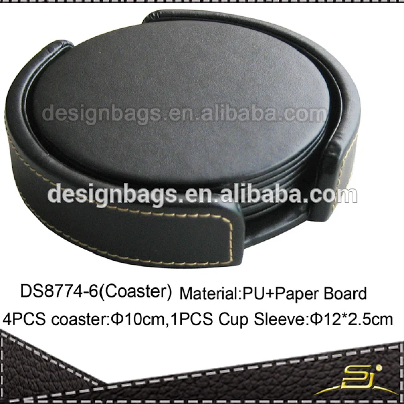 promotional new design rounded black PU leather drink coasters