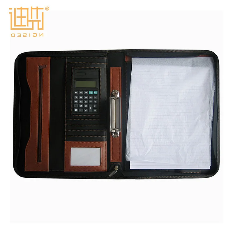 Customize different designs a4 leather zipper portfolio with calculator