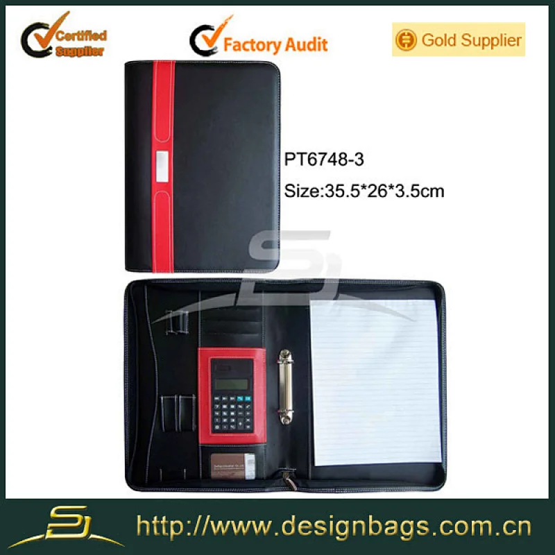 Pu leather men document folder Zipper ring binder leather portfolio a4 portfolio with usb holder