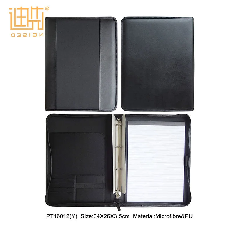 China factory supply microfibre & PU business 3 ring zipper portfolio folder binder leather