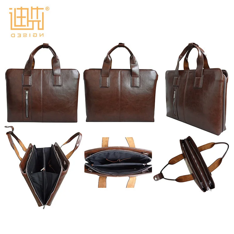Men handbag Fashion brown business briefcase Pu leather briefcase with zipper in the back