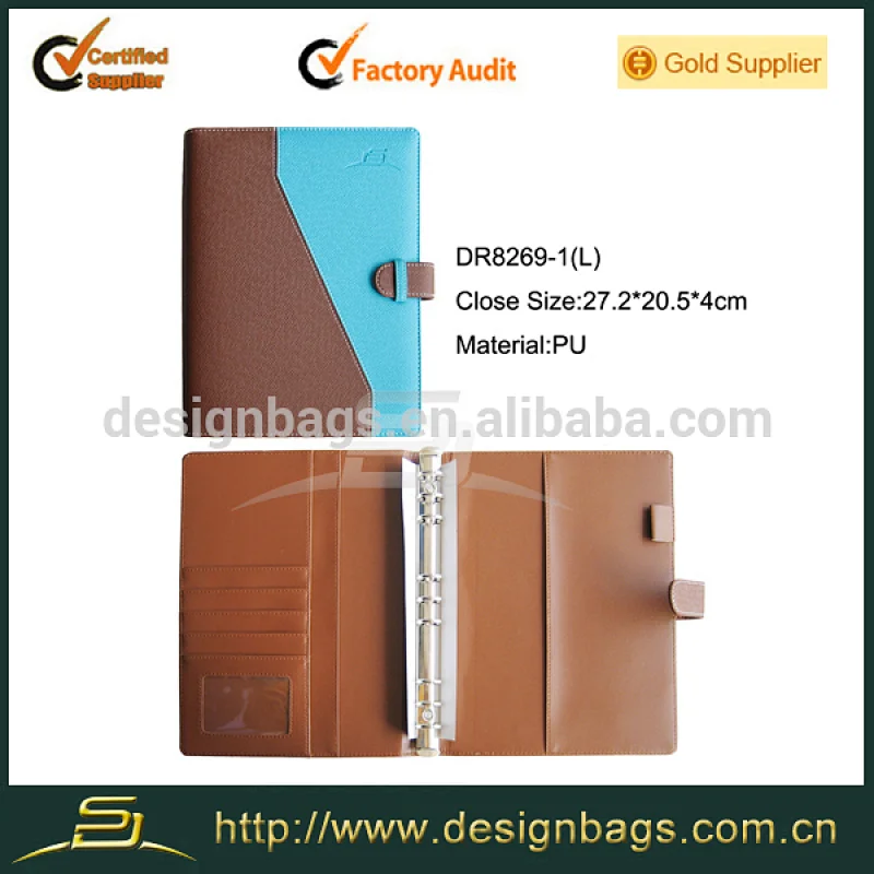 Pu book cover portfolio with 6 rings binder and snap closure