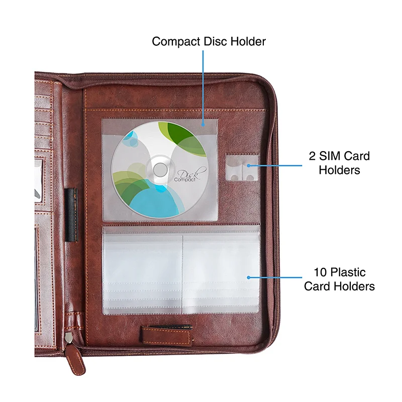 Executive Zippered PU Leather Padfolio folder with cd sleeves