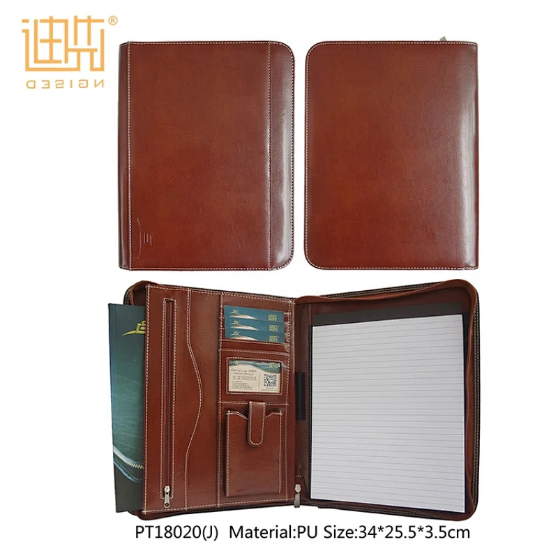 Manufacture custom PU Material leather zipper business document portfolio file folder