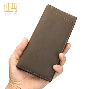 Vintage coffee color cowhide leather slim bifold money card long wallet