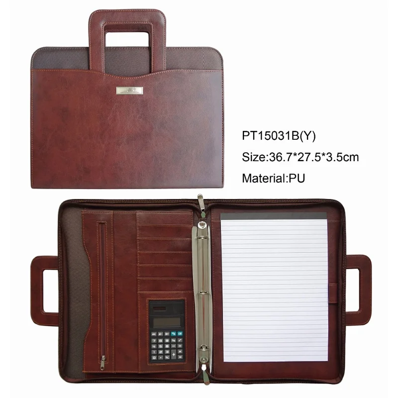 Hot sale zipper PU leather art men portfolio with calculator