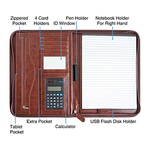 Executive Zippered PU Leather Padfolio folder with cd sleeves