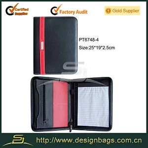Pu leather men document folder Zipper ring binder leather portfolio a4 portfolio with usb holder
