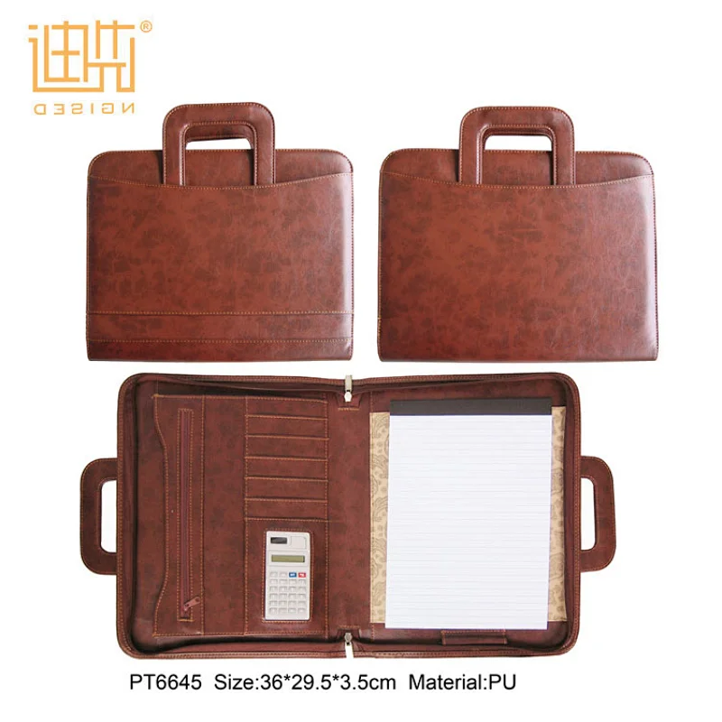 Custom zipper portfolio leather document bag with retractable handle