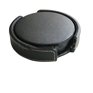 promotional new design rounded black PU leather drink coasters