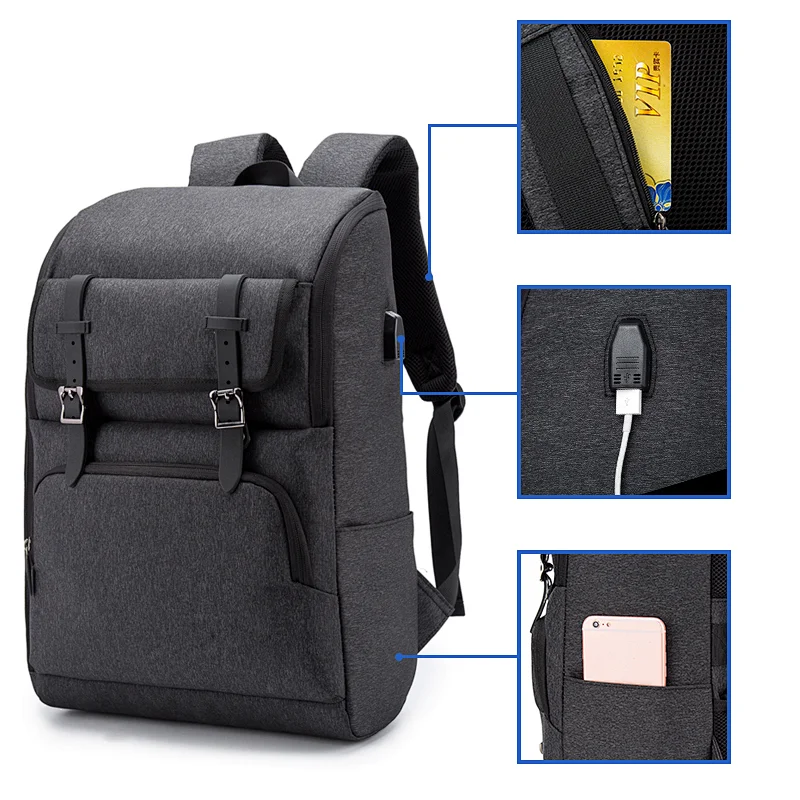 Best Price Custom Logo Nylon Zipper Hasp Black Anti-theft Laptop External USB Backpack