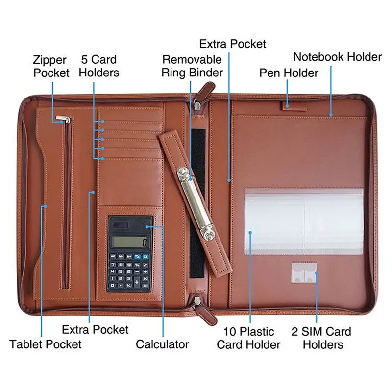Wholesale Cheap Fashionable Luxury pu folder a4 leather binder portfolio with handle