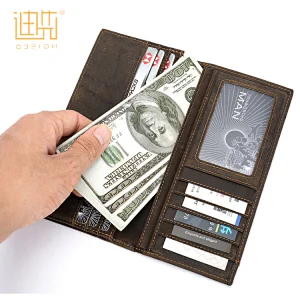 Vintage coffee color cowhide leather slim bifold money card long wallet