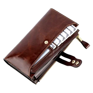 Customized logo multifunctional brown zipper rfid pu leather wallet for men