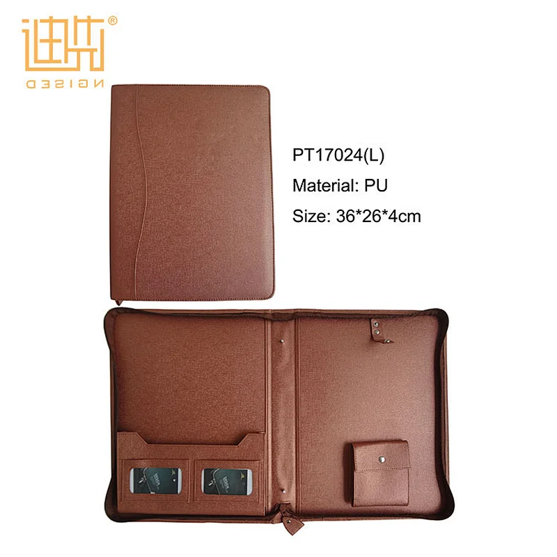 Guangdong factory Pu leather document zipper folder portfolio case with key holder pocket