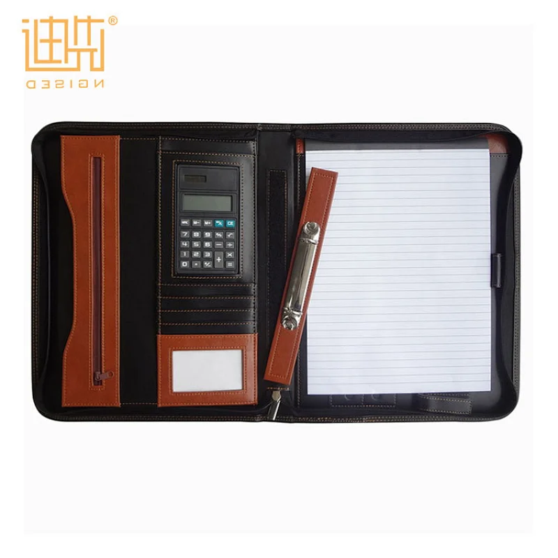 Customize different designs a4 leather zipper portfolio with calculator