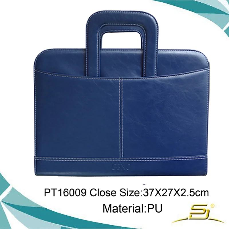 Fancy custom color pu zipper blue leather portfolio with flexible handle