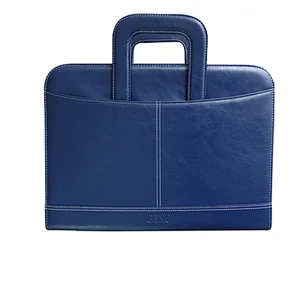 Fancy custom color pu zipper blue leather portfolio with flexible handle