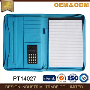 Wholesale blue conference bag PU leather zipper padfolio with calculator