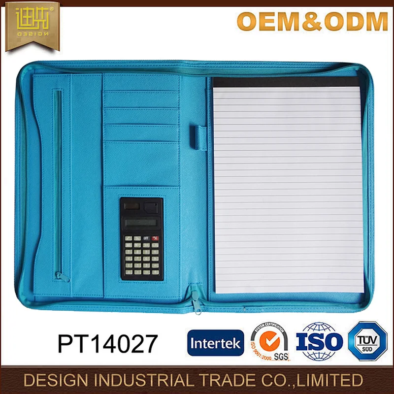 Wholesale blue conference bag PU leather zipper padfolio with calculator