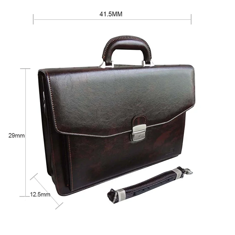 Briefcase men business leather briefcase with metal combination lock