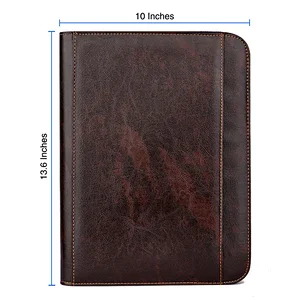 Custom brown zipper business oem a4 portfolio pu leather file folder