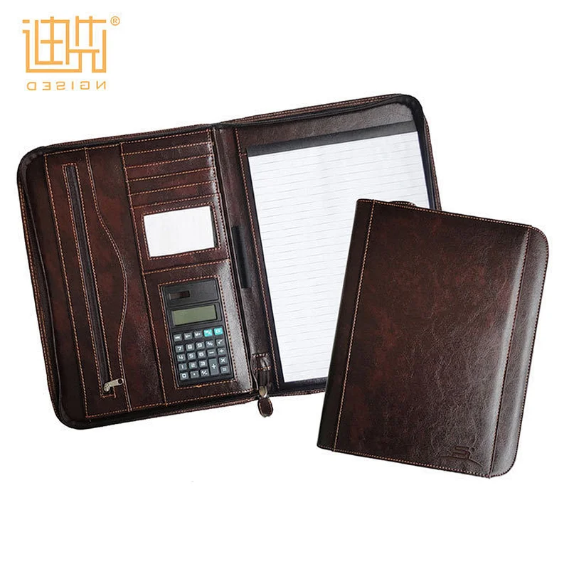 Top Quality Zipper A4 PU Leather File Portfolio Folder With Calculator