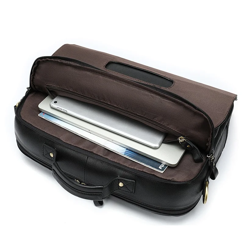 New design high quality low MOQ laptop handbag customized large plain black executive leather briefcase