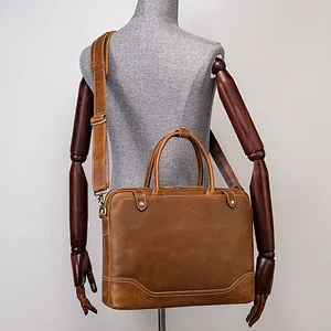 Custom logo brown vintage large capacity men shoulder briefcase genuine leather laptop bag