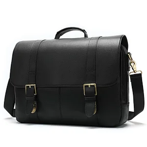 New design high quality low MOQ laptop handbag customized large plain black executive leather briefcase