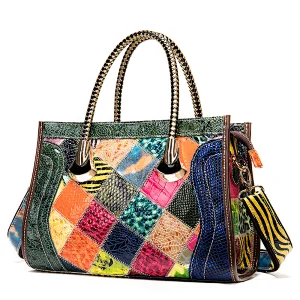 New quality leather ladies diagonal handbags ladies color stitching soft handle vintage tote bag