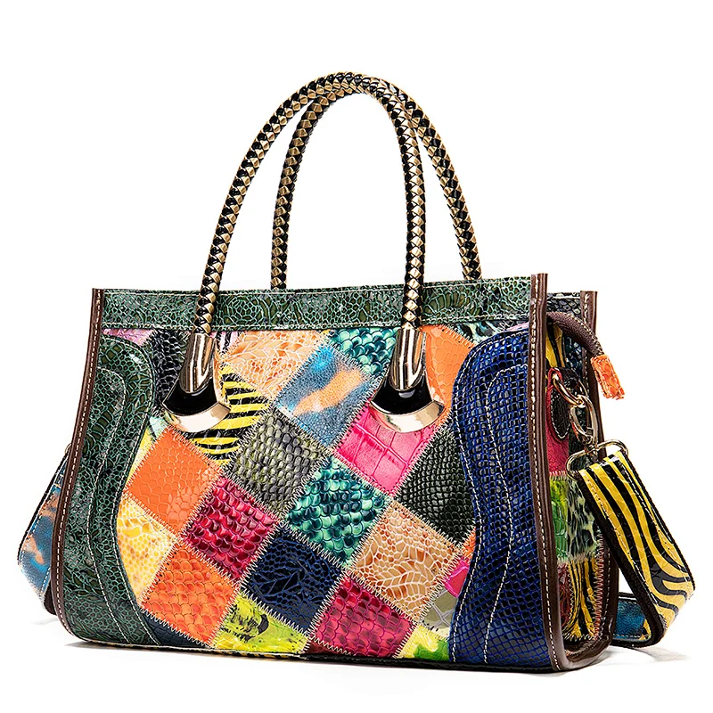New quality leather ladies diagonal handbags ladies color stitching soft handle vintage tote bag