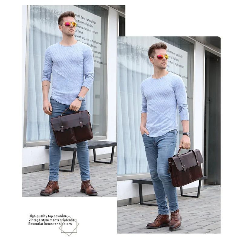 2020 wholesale expandable men cowhide genuine high end leather laptop briefcase with strap
