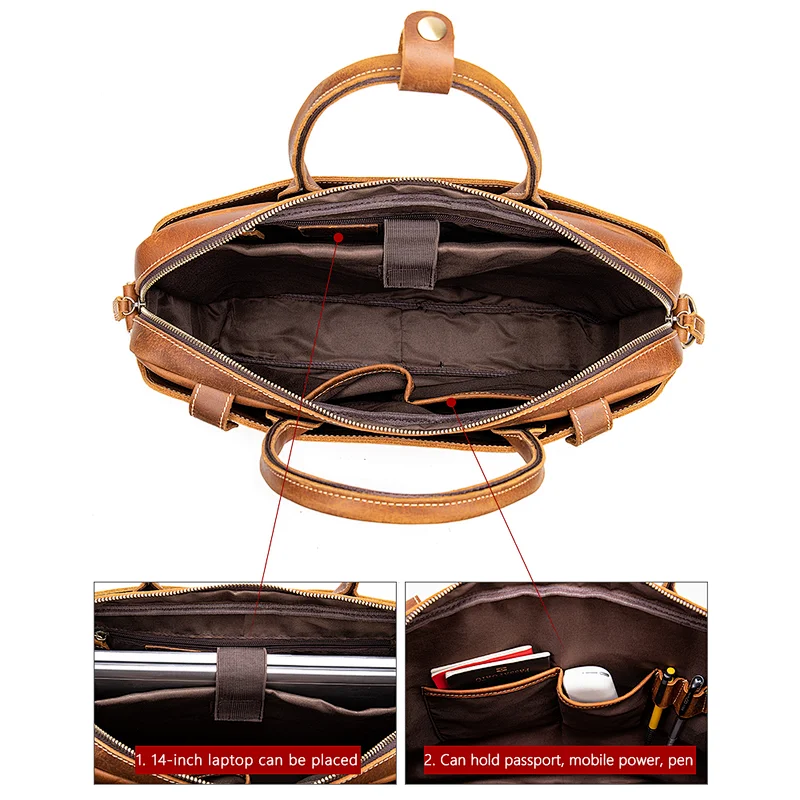 Custom logo brown vintage large capacity men shoulder briefcase genuine leather laptop bag