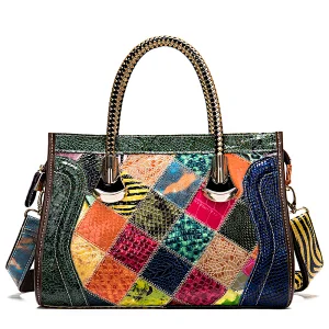 New quality leather ladies diagonal handbags ladies color stitching soft handle vintage tote bag