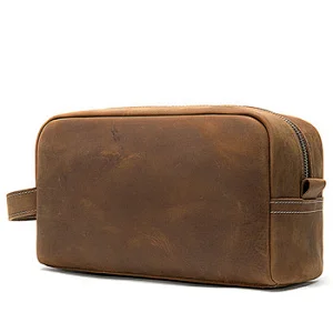 new style cheap price oem crazy horse leather zippered custom print logo small cosmetic bag