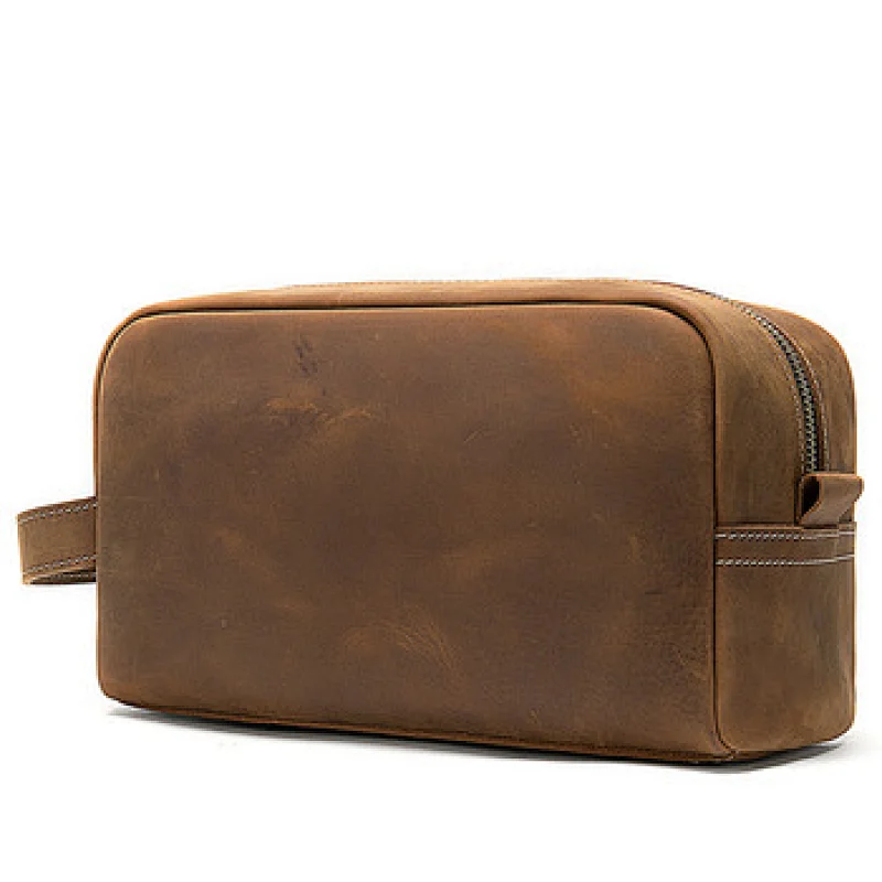 new style cheap price oem crazy horse leather zippered custom print logo small cosmetic bag