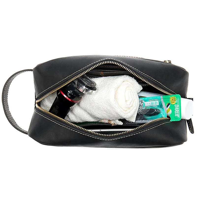 new style cheap price oem crazy horse leather zippered custom print logo small cosmetic bag