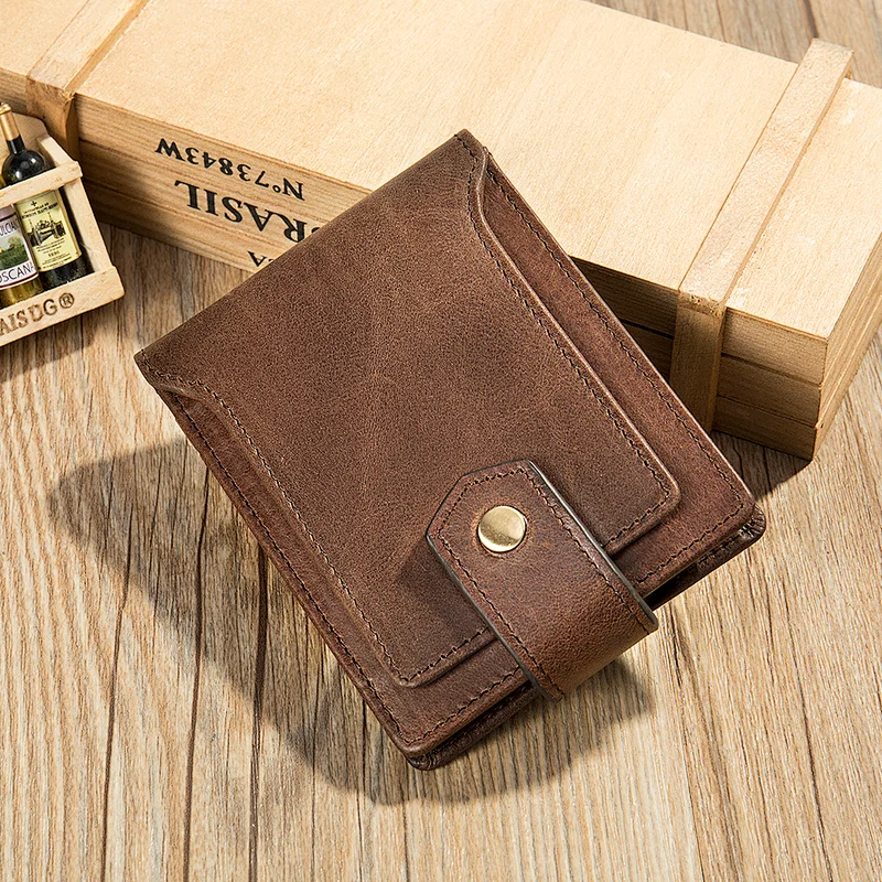 Custom logo minimalist European style vintage short bifold card holder cow hide leather men rfid wallet