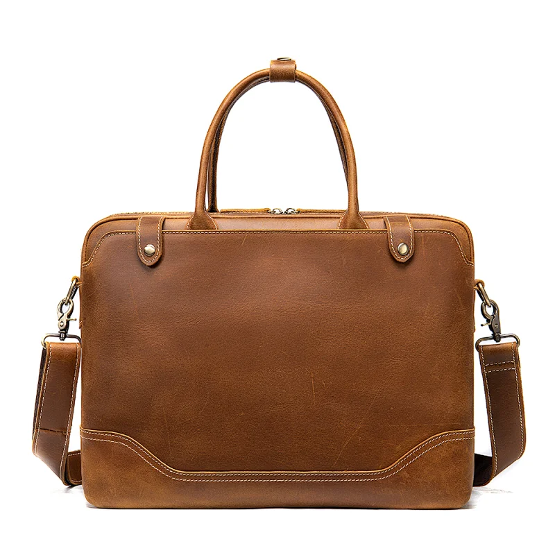 Custom logo brown vintage large capacity men shoulder briefcase genuine leather laptop bag