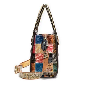 New quality leather ladies diagonal handbags ladies color stitching soft handle vintage tote bag