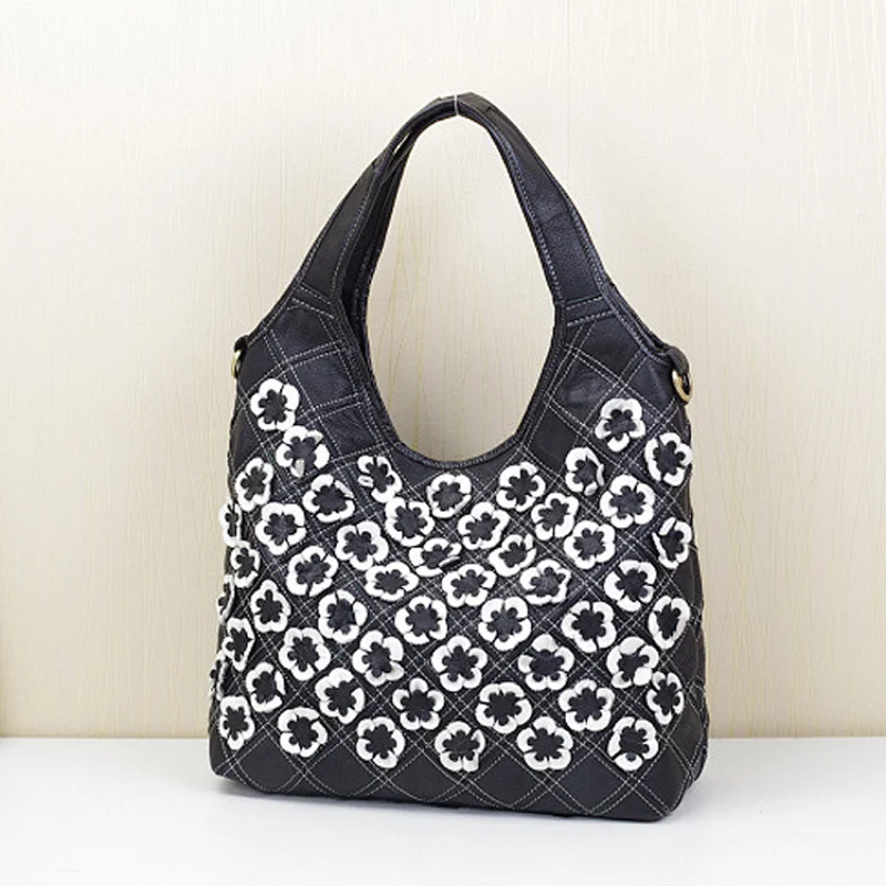 genuine leather shoulder stitching colorful flowers luxury women girls shoulder big hand bags handbag