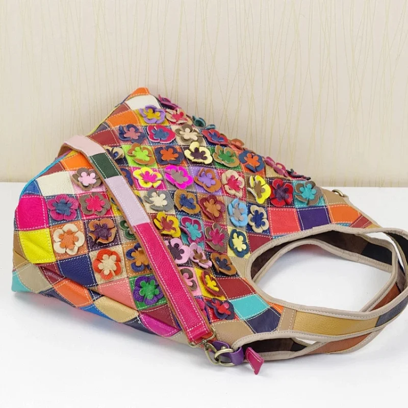 genuine leather shoulder stitching colorful flowers luxury women girls shoulder big hand bags handbag