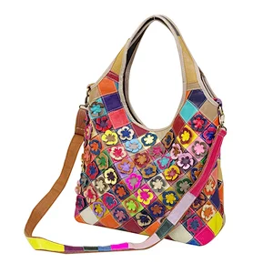 genuine leather shoulder stitching colorful flowers luxury women girls shoulder big hand bags handbag