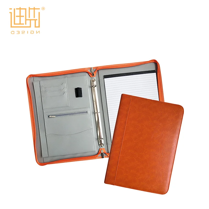 Custom 3 ring binder zipper pocket 20pages notepad PU leather folder for receipt holder